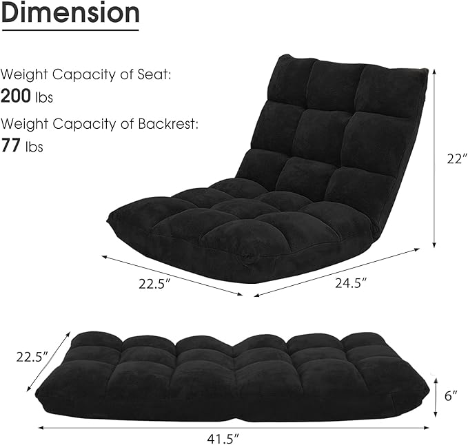 Byroce Folding Floor Gaming Chair 14-Position Adjustable Lazy Padded Sleeper Sofa Bed with Back Support Couch Recliner Floor Chair for Meditation Reading in Bedroom Living Room (Black)