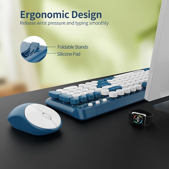 Wireless Keyboard and MouseCute Retro Typewriter Computer Keyboard and Mouse SetsFull SIze 2.4G Cordless Colorful Round Keycaps Keyboard with Silent Mouse for PC Window Laptop Home Office-White Blue