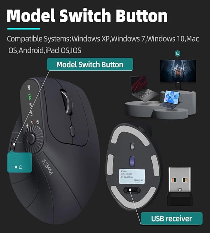 JOMAA Wireless 2.4G &amp Dual Bluetooth Three-Channel Ergonomic Vertical Mouse Adjustable DPI Multi-Function Turntable for PC Laptop MacBook Rechargeable (Black)