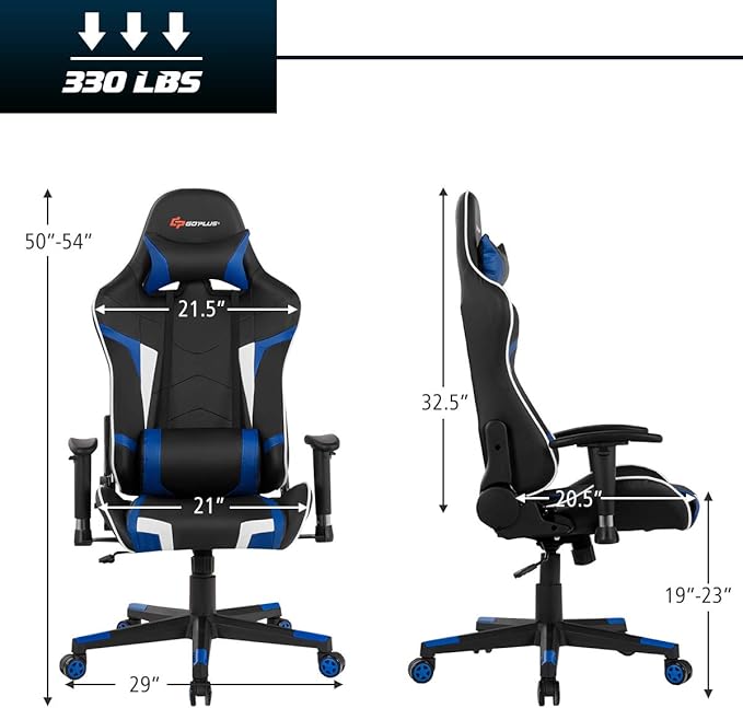 POWERSTONE Gaming Chair - Office Computer Gaming Racing Chair with Lumbar Massager Support PU Leather Adjustable Arms Headrest High-Back Recliner Ergonomic Rolling Swivel (Blue)