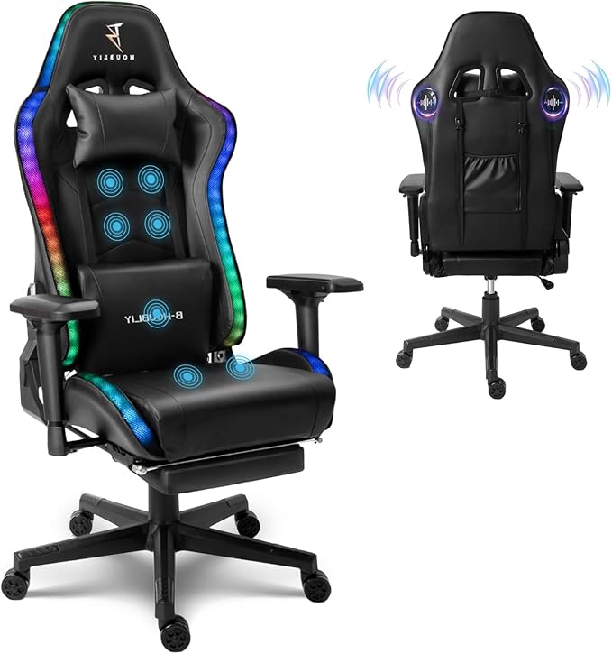 7-Point Massage Gaming Chair with Speakers and LED Lights Ergonomic Computer Gaming Chair with Footrest and Lumbar SupportHigh Back Office Video Racing Adult Gaming ChairBlack