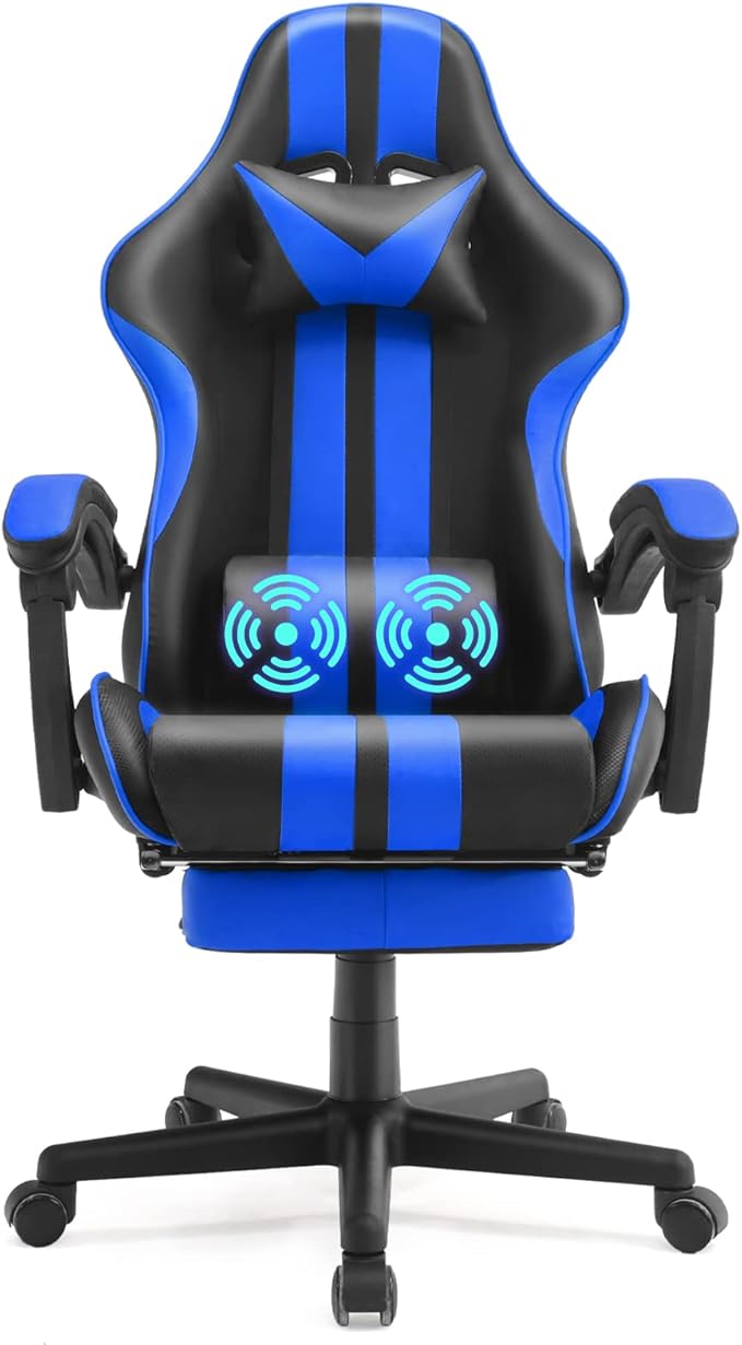 Racing Style PC Computer ChairComputer Gaming Chair E-Sports ChairErgonomic Office Chair with Height AdjustmentRetractable FootrestHeadrest and Massage Lumbar Support(Navy Blue)