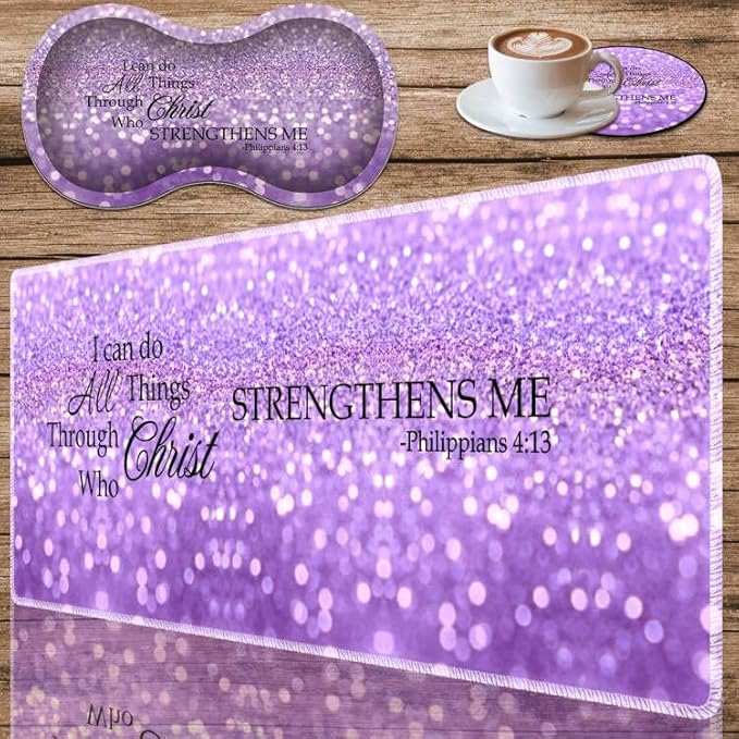 Durable Desk Mat + Wrist Rest Pad + Coasters Set Large Gaming Office Mouse Pad 31.5 x 11.8 Extended Non-Slip Rubber Keyboard Pad Laptop &amp Home Purple Glitter Quote Philippians 4-13