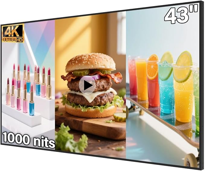 43inch Wall Mount Digital Signage 1000nits High Brightness Advertising Display Slim Fit Frameless Digital Kiosk CMS/Plug &amp Play Auto Play 7/24 Timer Switch Smart Split Screen Play Android OS