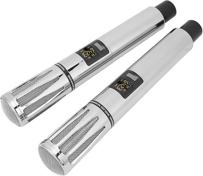 Acouto Professional UHF Cordless Dynamic Mic Microphone System Metal with Rechargeable Receiver 6.35mm F Wedding DJ Party Speech Use 240ft No Tangled Cords Plug and Play (Silver Color)