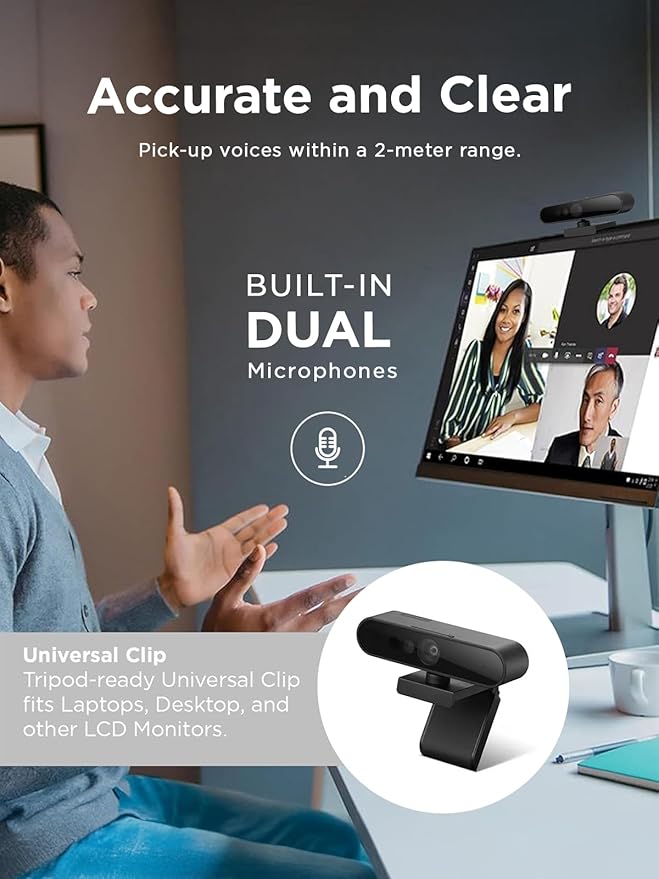 Lenovo Performance FHD 1080p Webcam USB-CLog-on with Windows Hello Dual Microphones 95 Degree Lens and 4X Digital Zoom Sliding Privacy Shutter Black