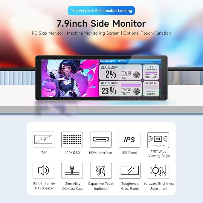 waveshare 7.9inch IPS Display 400×1280 Pixel Compatible with Raspberry Pi 5/4B/3B+/3A+/2B/B+/A+/Zero/Zero W/WH/Zero 2W CM3+/4HDMI Interface Hi-Fi Speaker Metal Case with Touch Function