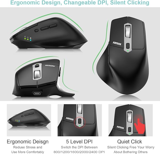 Arteck Multi-Device Wireless Bluetooth Mouse with Nano USB-A USB-C Receiver Ergonomic Right Hand Silent Clicking Rechargeable Mouse for Computer Desktop PC Laptop Mac iPad and Windows 11/10 iPad OS