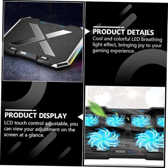 RGB Laptop Cooling Pad Adjustable Height USB Powered Quiet Fan LED Light Base for Gaming and Work