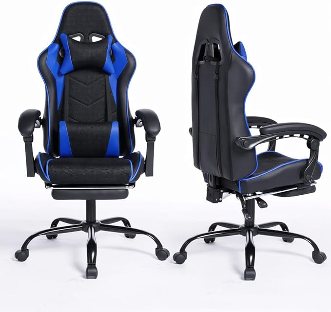 Gaming Chair Ergonomic Computer Chair with High Back Office Computer Chair with Footrest and Massage Lumbar Support Height Adjustable Swivel Video Game Chair (Blue Black)