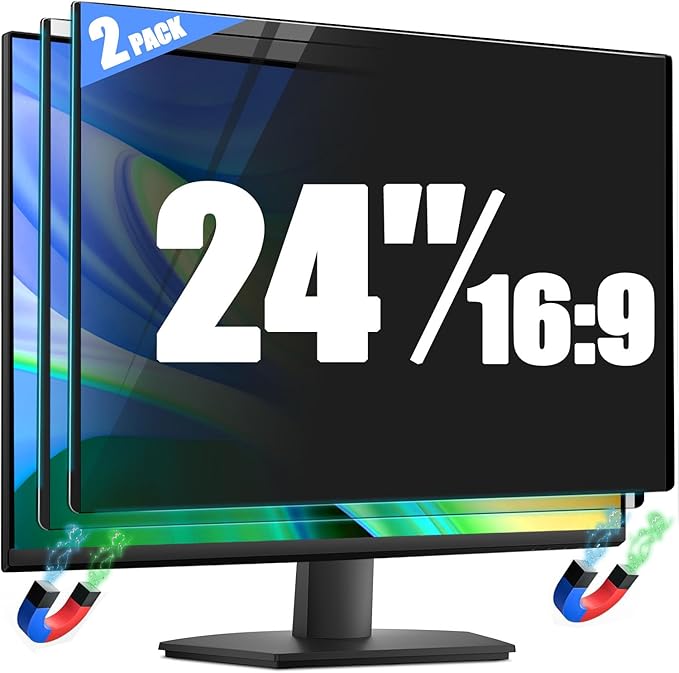 [2 Pack] Magnetic Privacy Screen for 24 Inch 16:9 Computer Monitor - Reversible Matte/Glossy Anti-Glare Removable Blue Light Filter Anti-Spy Eye Protection Screen Protector Shield for Desktop PC