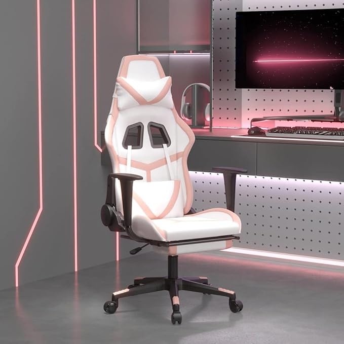 White and Pink Faux Leather Gaming Chair Ergonomic Massage Computer Desk Chair with Footrest Adjustable Armrests Reclining Backrest for Home Office 25.2 W