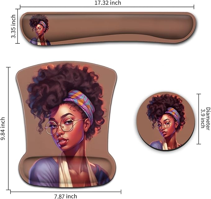 Ergonomic Mouse Pad Wrist Support Gel and Keyboard Wrist Rest Set American Women African Black Design for Laptop Mac Gaming and Office Durable Comfortable and Pain Relief + Coaster