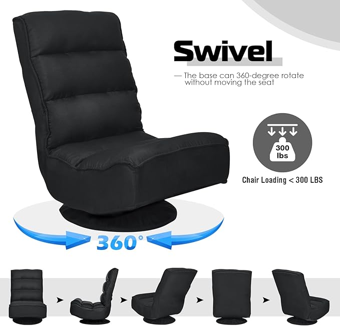 COSTWAY Folding Floor Chair Adjustable 5-Position Video Gaming Chair with 360 Degree Swivel Detachable Cover Padded Backrest Multipurpose Living Room Floor Lounger for TV Reading Playing (Black)