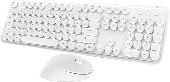 Wireless Keyboard Mouse Combo 104 Keys Cute White Keyboard with Number Pad &amp Mouse for Windows Computer PC Notebook Laptop (White)