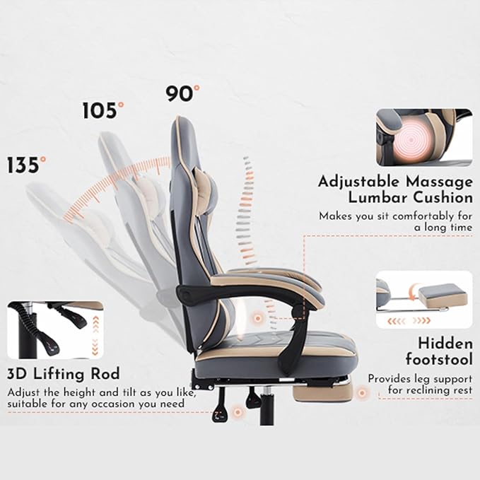 Gaming Chair Ergonomic Computer Chair with High Back Office Computer Chair with Footrest and Massage Lumbar Support Height Adjustable Swivel Video Game Chair (Beige Blue)