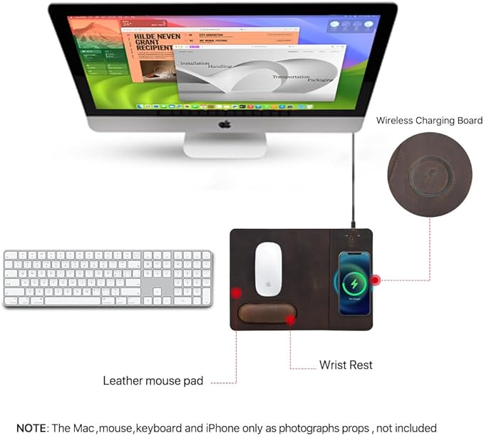 Hiram Premium Crazy Horse Leather Mouse Pad with 15W Wireless Charging - Ergonomic Wrist Rest Waterproof and High-End Cowhide Touch(12in x 9in)