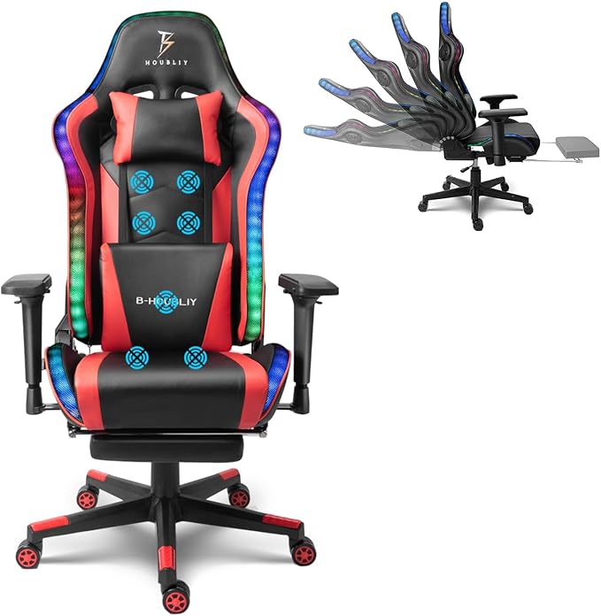 Gaming Chair with Speakers and LED LightsErgonomic Computer Chair with Massage and Footrest Reclining Video Game Chair with Adjustable Lumbar SupportTeen/Adult Computer ChairRed