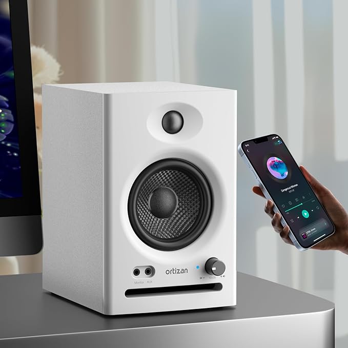 Ortizan C7 Dual-Mode 2.0 Studio Monitors Active Monitor Speakers for Near Field Music Production Bluetooth 5.3 Wireless Computer PC Monitor Gaming Bookshelf Speakers(Pair White)