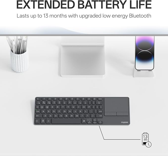 Rapoo Portable Wireless Keyboard with Touchpad Multi-Device HTPC Keyboard for PC-Connected TV/Tablet/Steam Deck/Gaming Console/Raspberry Pi/Mini PC - Support Touch Gestures for Windows &amp Mac Bla