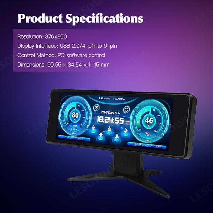 Computer Temp Monitor 3.4-inch IPS Panel LCD Mini Screen Dynamic Theme Supported Small Secondary Screen CPU RAM HDD Data Monitor (White)