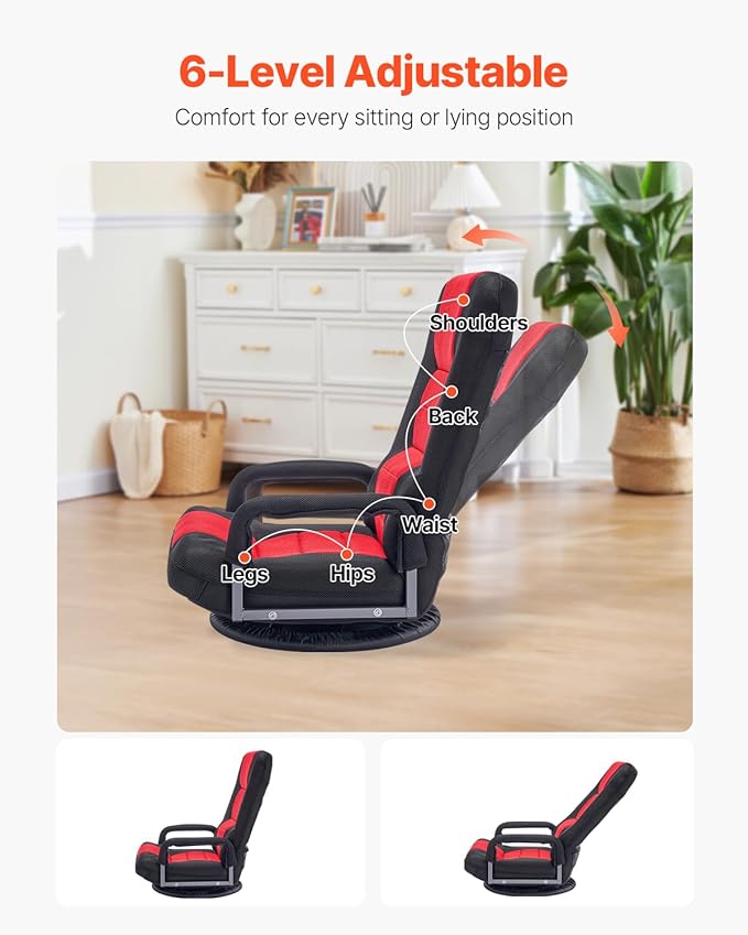 VEVOR Swivel Floor Gaming Chair with Armrests 360-Degree Rotating Floor Chair with 6 Adjustable Position Folding Backrest and Lumbar Support Folding Video Reclining Sofa for TV Reading Red Black
