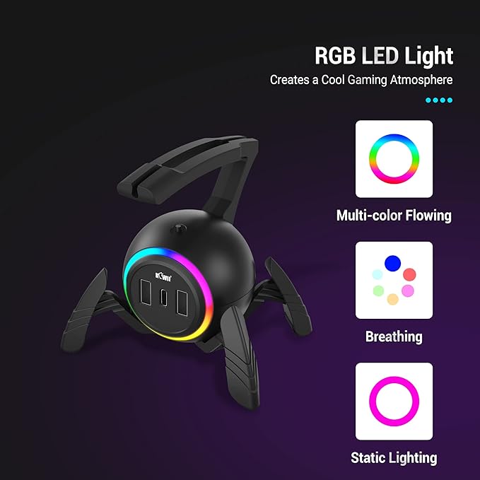 KIWIFOTOS Mouse Bungee RGB Gaming Mouse Cord Holder Controller Upgraded Flexible Cable Management Smart RGB LED Lights 2 Port USB Hub &amp 1 Type-C Spider Mouse Wire Holder