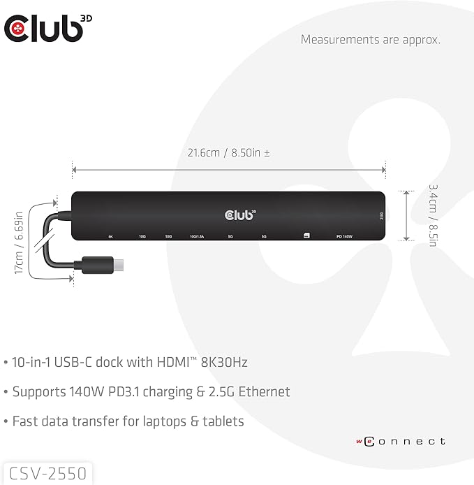 Club 3D Portable Docking USB-C -&gt2xUSB-C/3xUSB-A/HDMI/SD 140W Retail