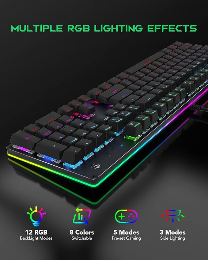 Black Shark RGB Mechanical Gaming Keyboard LED Backlit Wired Keyboard with Red Switches Fully Programmable Anti-Ghosting 104 Keys for Desktop PC Sixgill K2