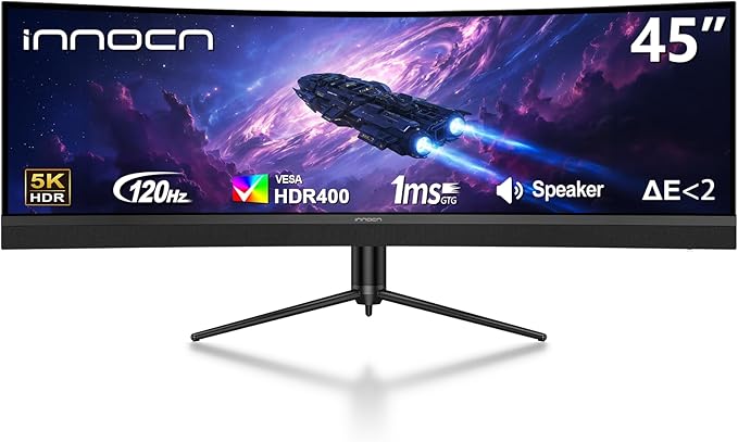 INNOCN 45 5K2K 5120 x 1440P 120Hz Curved Ultra Widescreen Monitor R1500 HDR400 USB C 65W PIP/PBP Screen Split Gaming Editing Productivity AI Workflow Speaker Adjustable Mountable Stand