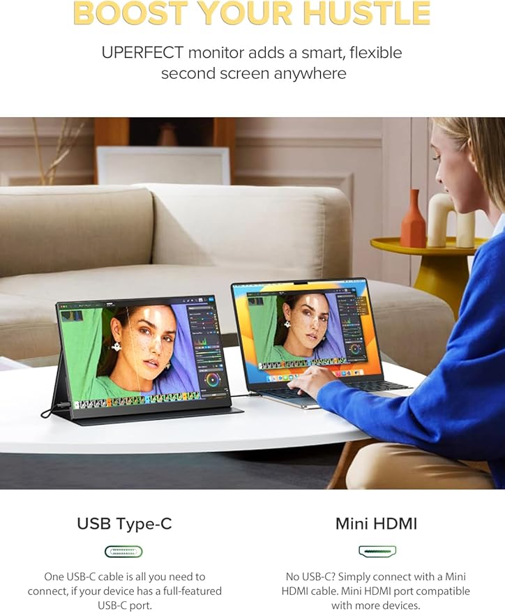 UPERFECT 4K Portable Monitor 13.4 UHD 3840x2400 Matte IPS Laptop Display with Built-in Stand 16:10 Aspect Ratio 100% sRGB 500 Nits Brightness All-Metal Frame for PC/Mac/Phone/Game Console