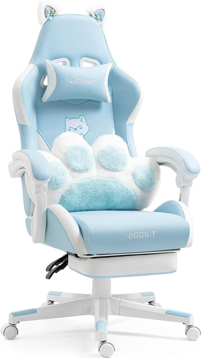 Cute Cat Ears Gaming Chair with Paw Lumbar Cushion High Back Computer Chair with Footrest 360° Swivel Height Adjustable Recliner Game Chair for Girls 300lbs (Blue)