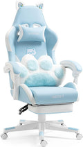 Cute Cat Ears Gaming Chair with Paw Lumbar Cushion High Back Computer Chair with Footrest 360° Swivel Height Adjustable Recliner Game Chair for Girls 300lbs (Blue)