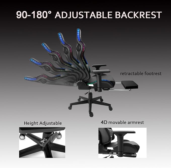 TBQATNTS RGB Gaming Chair with Bluetooth Speakers Black Massage Reclining Gaming Chair with Footrest 4D Handrail Lumbar Support Ergonomic Gaming Computer Chair for AdultsRed