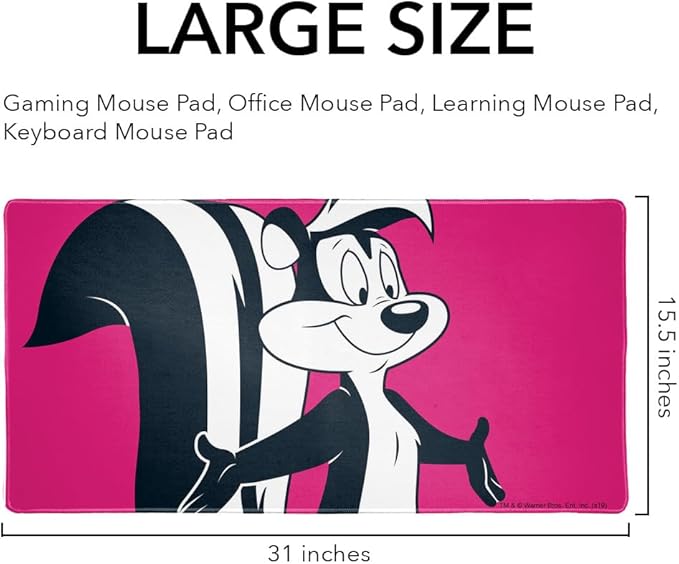 Looney Tunes Pepe Le Pew Large Gaming Mouse Pad Desk Mat with Stitched Edges Non-Slip Base for Gamer Home and Office 31.5 x 15.7