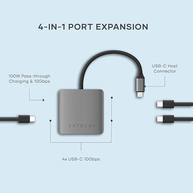 Satechi USB-C Hub: 4-in-1 with 100W Pass-Through &amp 10Gbps USB 3.2 for MacBook iPad Surface Chromebook &amp More