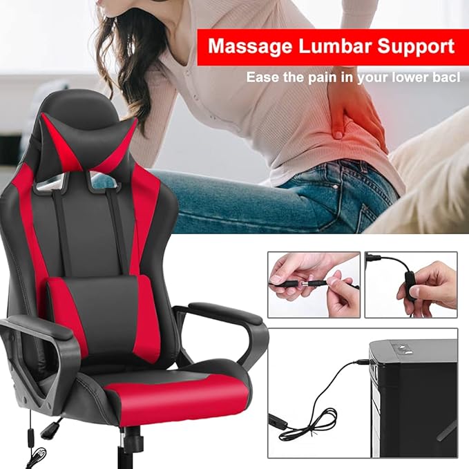 PC Gaming Chair Office Chair Racing Desk Chair with Lumbar Support Arms Headrest Massage High Back PU Leather Ergonomic Computer Chair Rolling Adjustable Swivel Chair for Women Men Adult Red