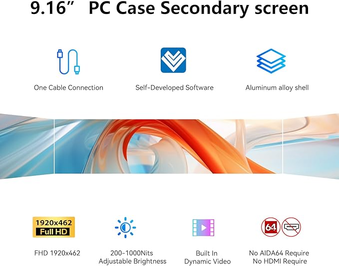 9.16 Computer Temp Monitor FHD 1920x462 PC Sensor Panel One-Cable Connection(No HDMI Needed) Stretched Bar LCD Dynamic Theme Supported IPS Mini Secondary Screen for CPU RAM HDD Data Aida64 (Black)