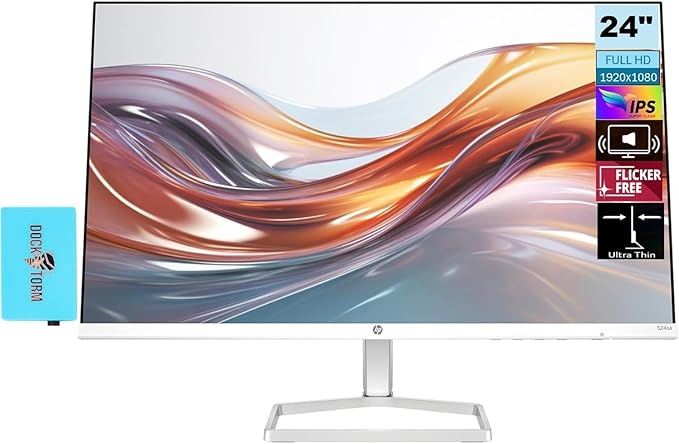 HP Series 5 524sa Thin &amp Light Monitor with Speakers 94C36AA#ABA (Replaces M24fwa) 24 IPS FHD Anti-Glare 300 Nits Display Flicker-Free 1xHDMI White/Silver (2026 Model) w/DKZ Hub USB Port Expan