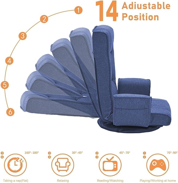 FLOGUOR 360 Swivel Gaming Chair 14-Position Adjustable Folding Floor Sofa with Armrests Lounger Bed for Home &amp Living Room Chaise Lounge Indoor for Adults (Blue-1)