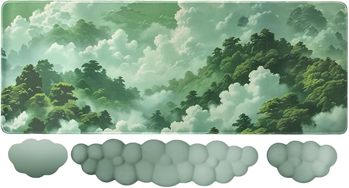 Gaming Desk Mat with Keyboard Wrist Rest Set 4 in 1 Large Mouse Pad &amp Cloud Keyboard Wrist Rest&amp Mouse Wrist Rest&ampCoaster Comfort and Support for Typing and Gaming（Green