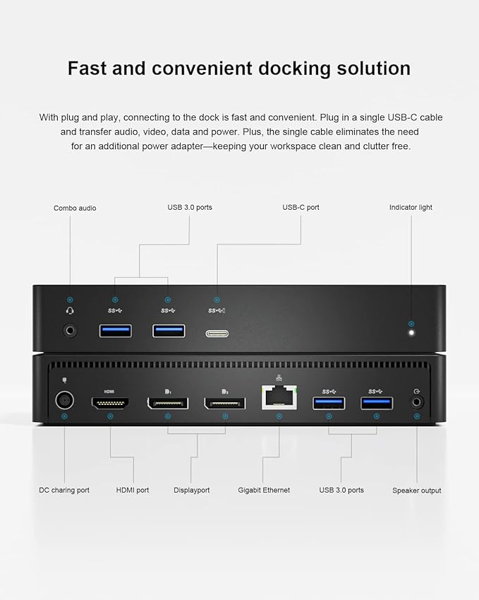 D6000 Universal Docking Station USB 3.0 and USB C Single 5K or Triple 4K Display Docking Station with Two DisplayPort and HDMI for Windows and Mac (1HDMI 2DP 1Audio 4USB3.0 1USB C 1Speaker Out)
