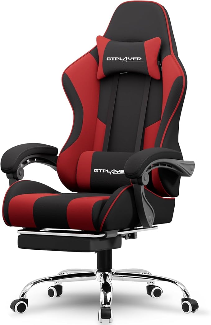 GTPLAYER Gaming Chair Computer Chair with Footrest and Lumbar Support Height Adjustable Game Chair with 360°-Swivel Seat and Headrest and for Office or Gaming (RED Fabric)