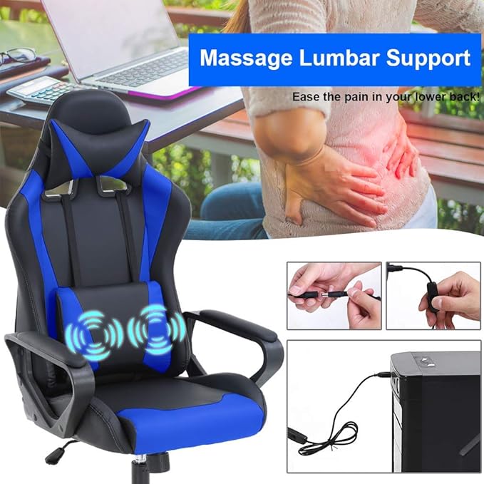 HHS Gaming Chair Computer Chair Video Game Chairs Ergonomic Racing Gamer Chair with Massage Lumbar Support and Headrest Armrest Big and Tall Comfortable Gaming Recliner for Adults Teens Blue