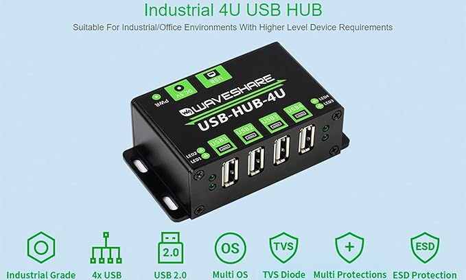 Industrial Grade USB HUB Extending 4X USB 2.0 PortsCompatible with USB 2.0/1.1 up to 480Mbps Data Rate Support Windows 11/10 / 8.1/8 / 7 / XPetc.Onboard Multiple Protection Circuit