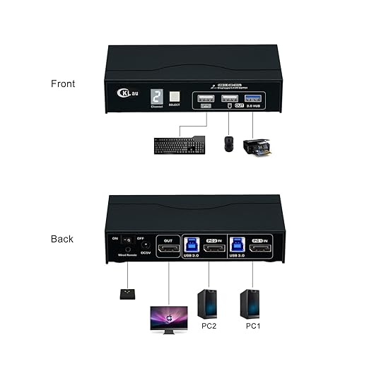 CKLau DP 1.2 Dual Port Displayport KVM Switch with All Input Cables for 2 Computers 1 Monitor Support Digital Display Compatible 4096x2160@60Hz 2560x1440@6144Hz
