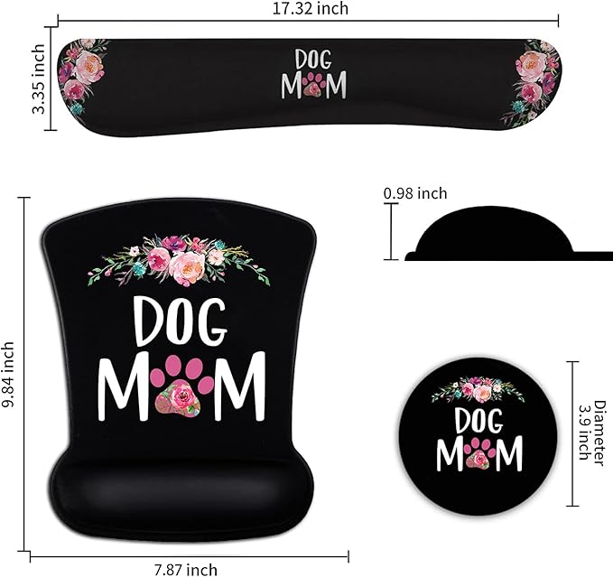 Ergonomic Mouse Pad Wrist Support Gel and Keyboard Wrist Rest Set Dog Mom Floral Design for Laptop Mac Gaming and Office Durable Comfortable and Pain Relief + Coaster