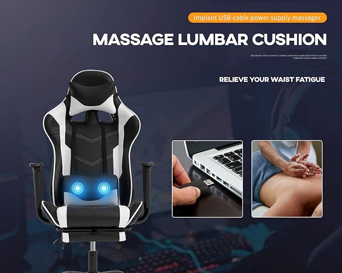 Massage Gaming Chair Ergonomic Computer Racing Style Office Chair Adjustable High Back Gamer Chair for Home Office with Footrest Headrest Lumbar SupportWhite