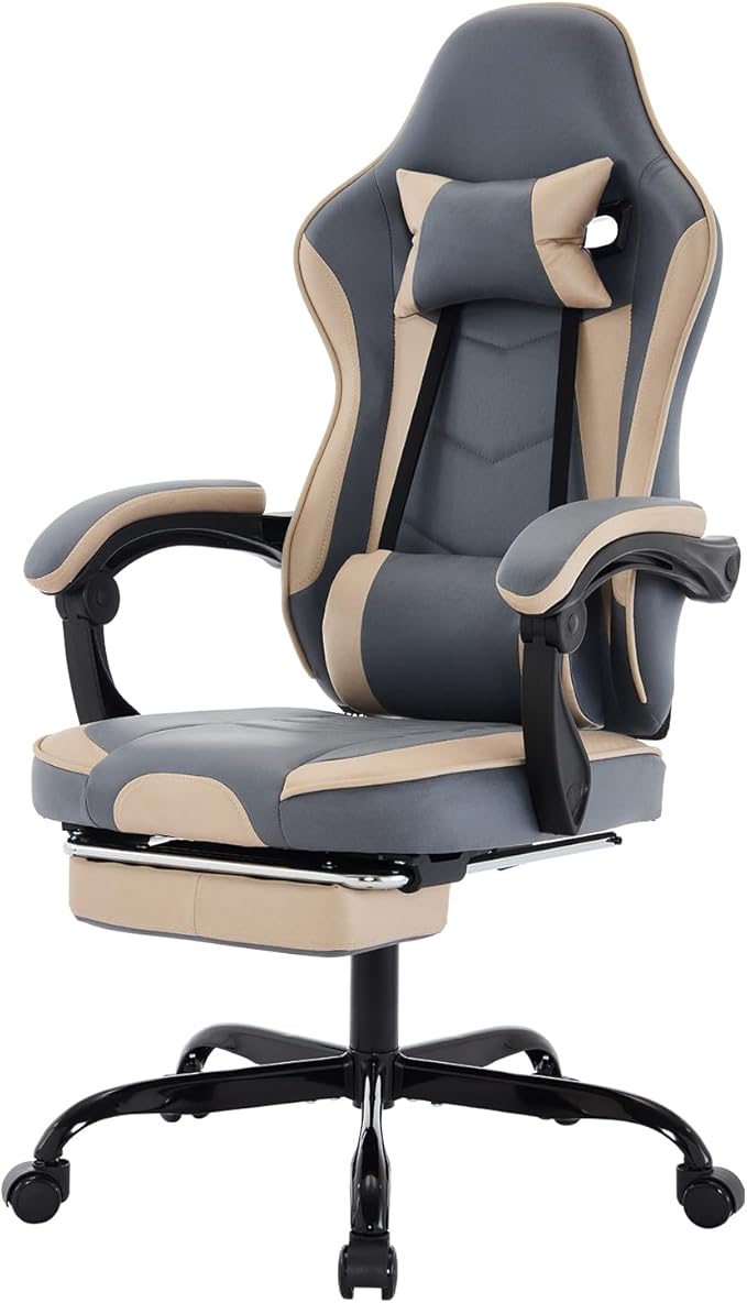 Gaming Chair with Footrest Ergonomic Computer Office Chair with High Back Video Game Chair with Massage Lumbar Support for Adults (Style D Beige Blue)