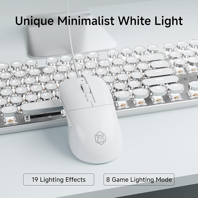 EWEADN Wired Typewriter Keyboard and Mouse Combo Typewriter Style Mechanical Gaming Keyboard104 Keys Backlit LED Keyboards Media Control Knob Wired Keyboard White Switch for Windows/Mac/PC-White